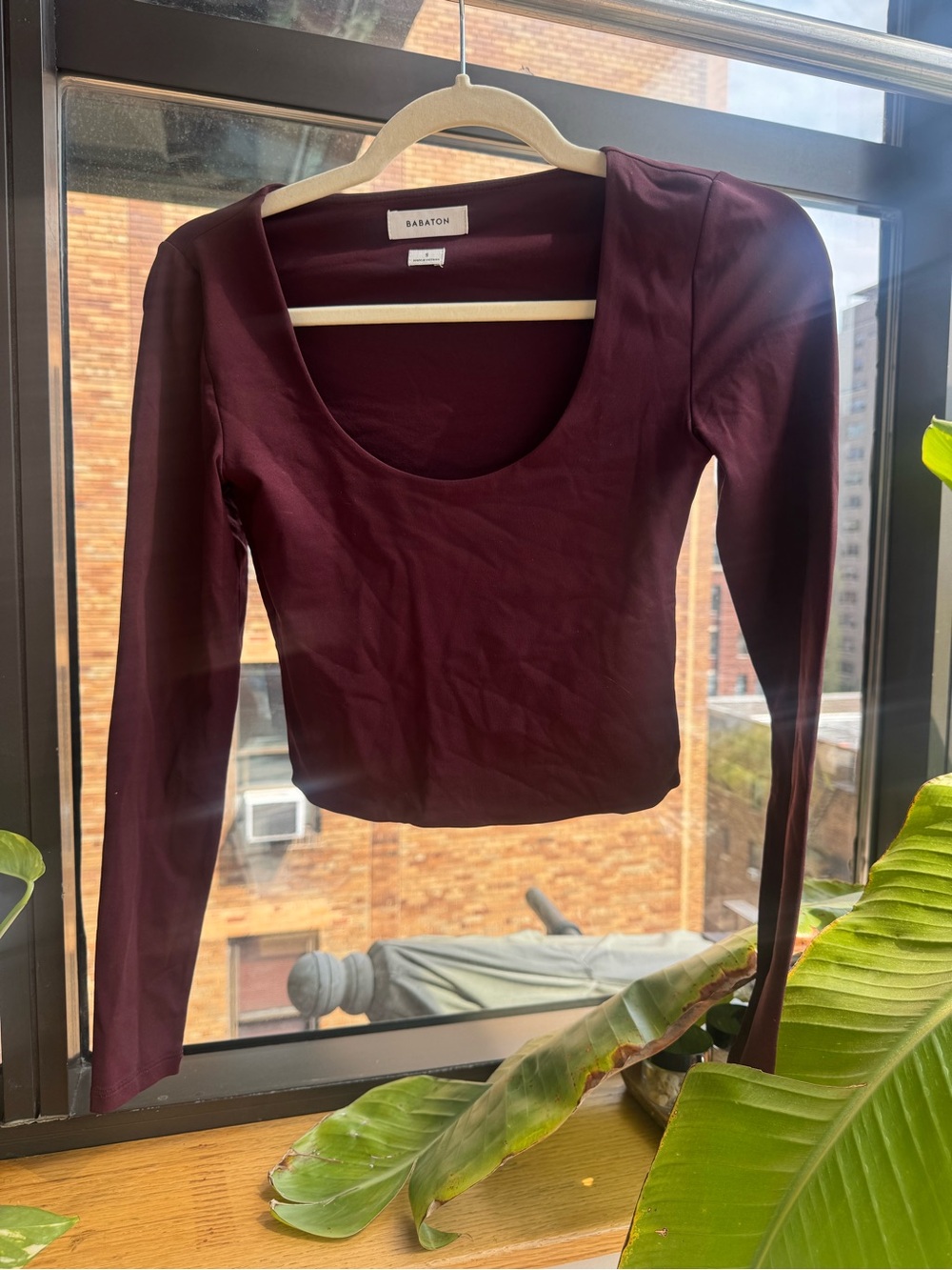 Babaton Scoop Neck Long Sleeve Crop Top - Burgundy